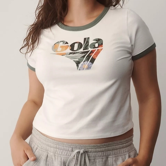 Anthropologie x Gola Graphic Ringer Baby Tee in Ivory and Green NWT - Picture 5 of 16